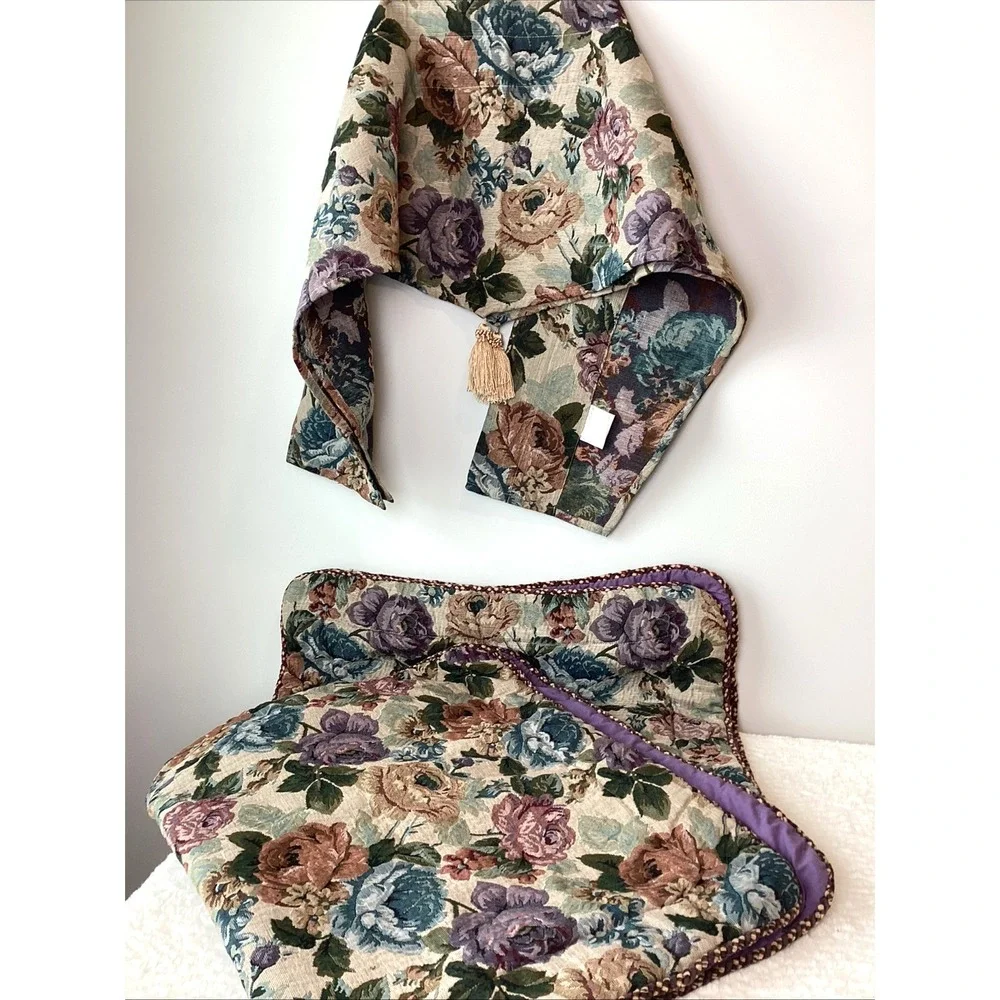 PB Brighton Tapestry King Shams (2) &‎ (2) Window Toppers Floral Purple Rose